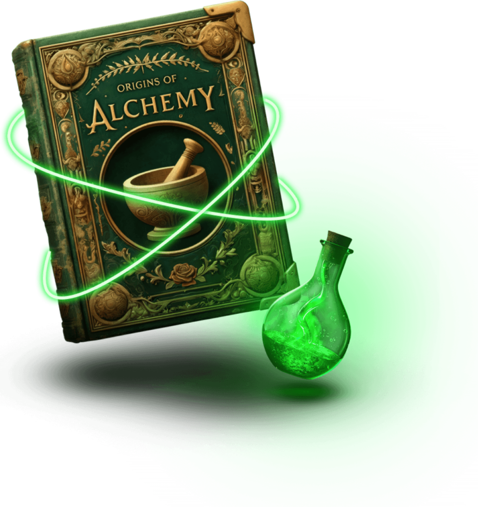 A book titled "Origins of Alchemy" with a decorative cover featuring a mortar and pestle, accompanied by a green glowing potion bottle.